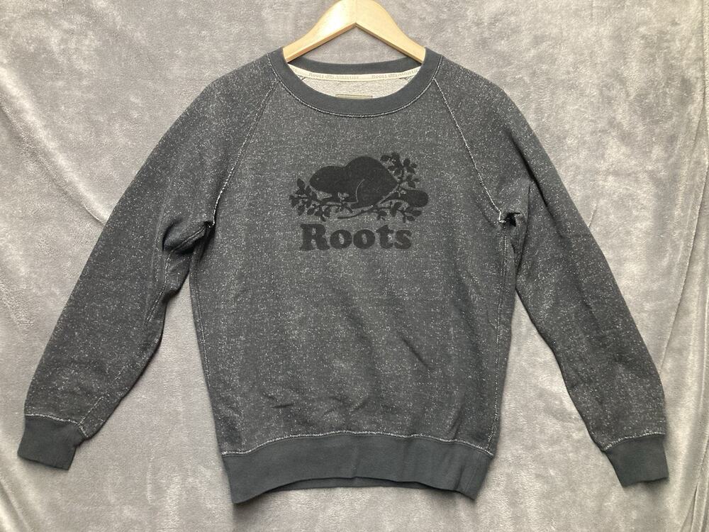 Roots Canada Sweatshirt XS Charcoal Crewneck Velvet Beaver Logo Fleece Pullover